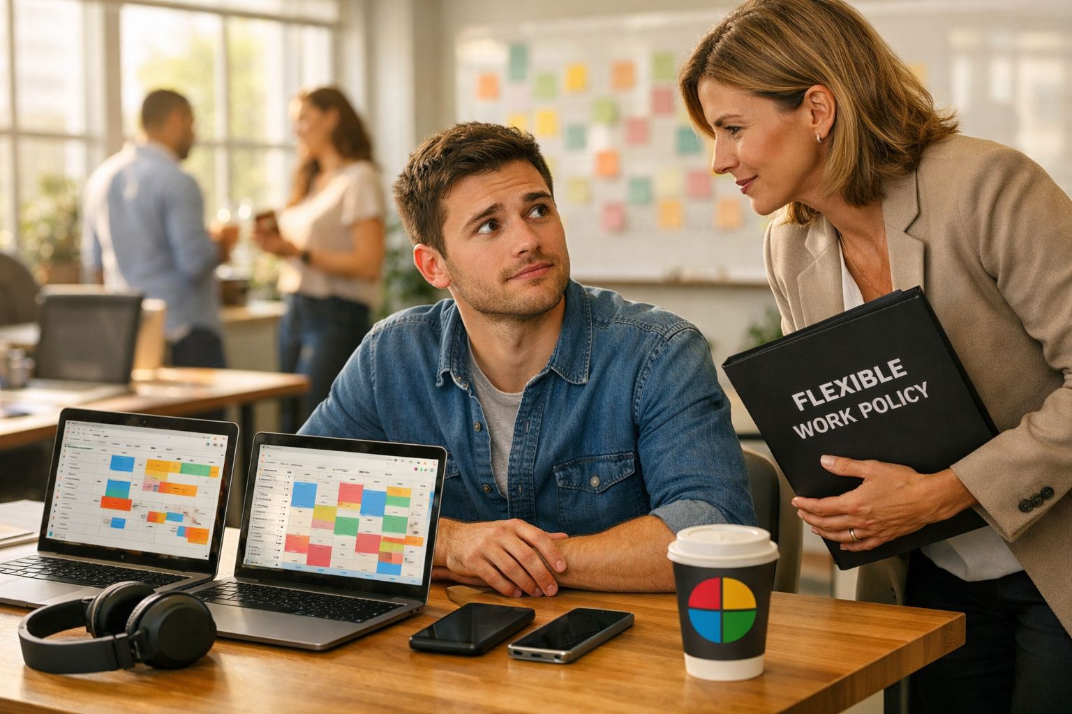 Homem e mulher conversam em escritório, com dois portáteis abertos e documento sobre política de trabalho flexível.