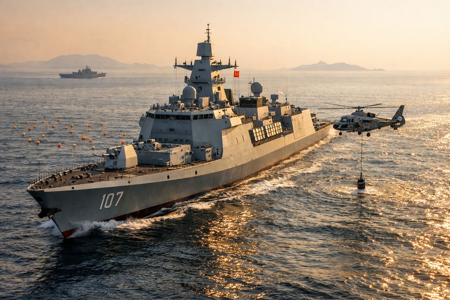 Navio de guerra número 107 no mar com helicóptero realizando operação de reabastecimento ao pôr do sol.