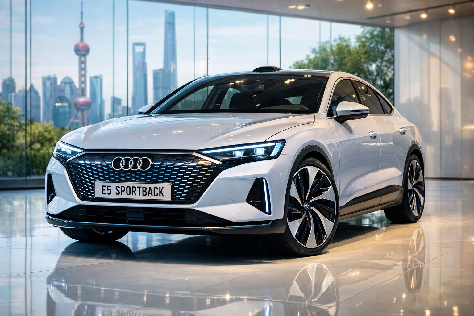 Carro Audi E5 Sportback branco estacionado num piso brilhante com vista urbana ao fundo.