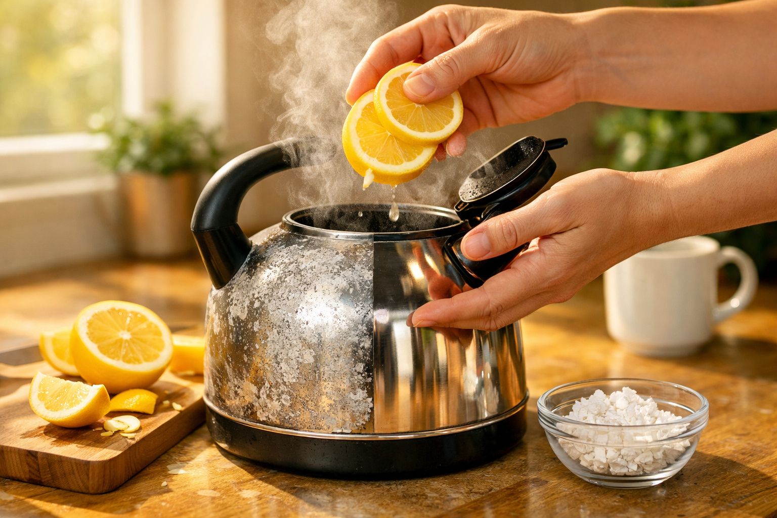 Mãos a espremer fatias de limão sobre um bule de metal a ferver numa cozinha iluminada.