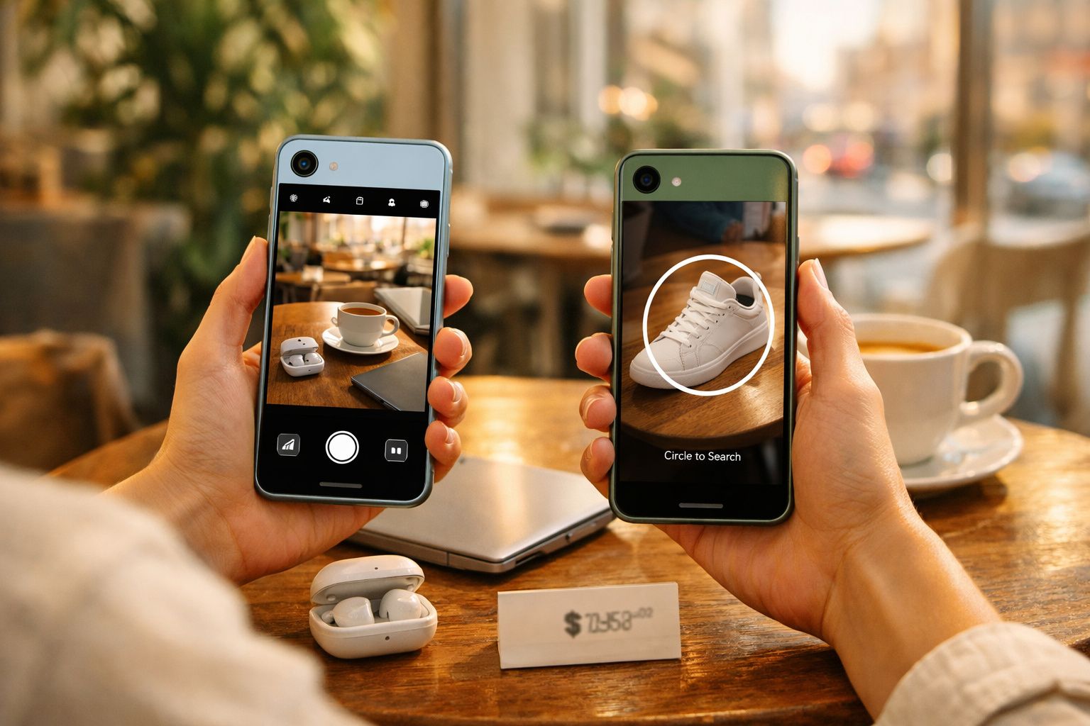 Pessoas seguram telemóveis a fotografar uma mesa com chávena, auscultadores e sapatos para pesquisa visual.