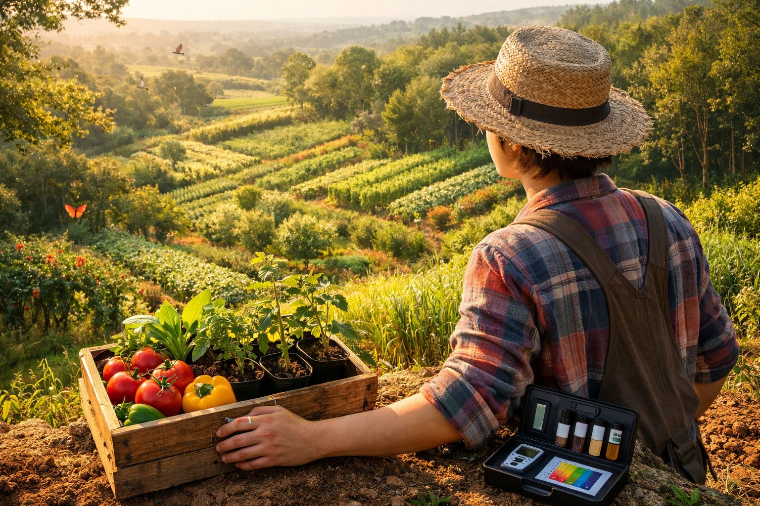 Agricultor com chapéu de palha observa campo verde com caixa de legumes e plantas numa manhã ensolarada.