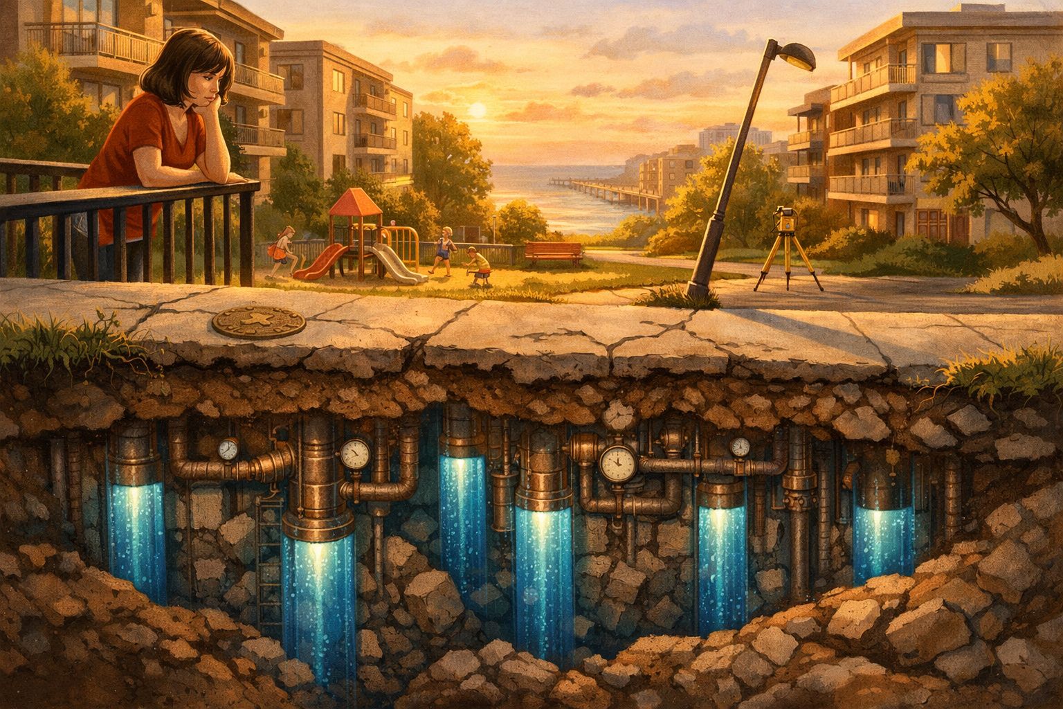 Mulher observa parque infantil ao pôr do sol com sistema complexo de tubagens e água subterrânea visível.