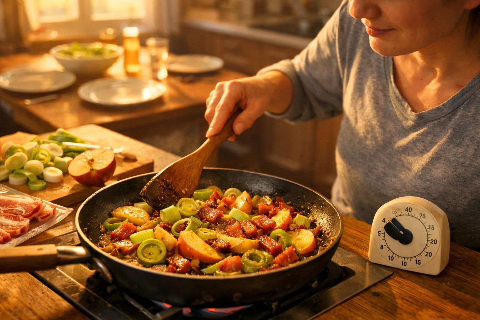 Pessoa a cozinhar pratos com legumes e carne numa frigideira num ambiente acolhedor de cozinha.