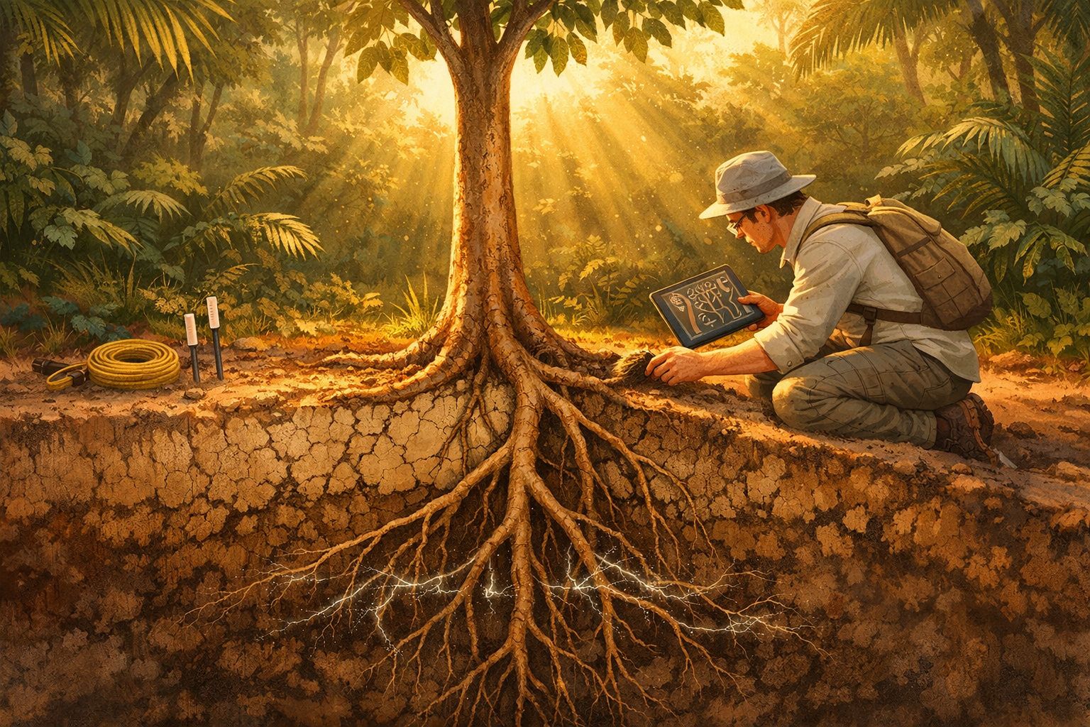 Investigador com tablet estuda raízes de árvore numa floresta iluminada pelo sol.