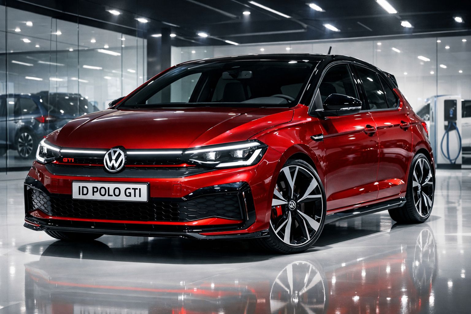Carro desportivo vermelho Volkswagen ID Polo GTI estacionado em piso brilhante dentro de uma garagem moderna.