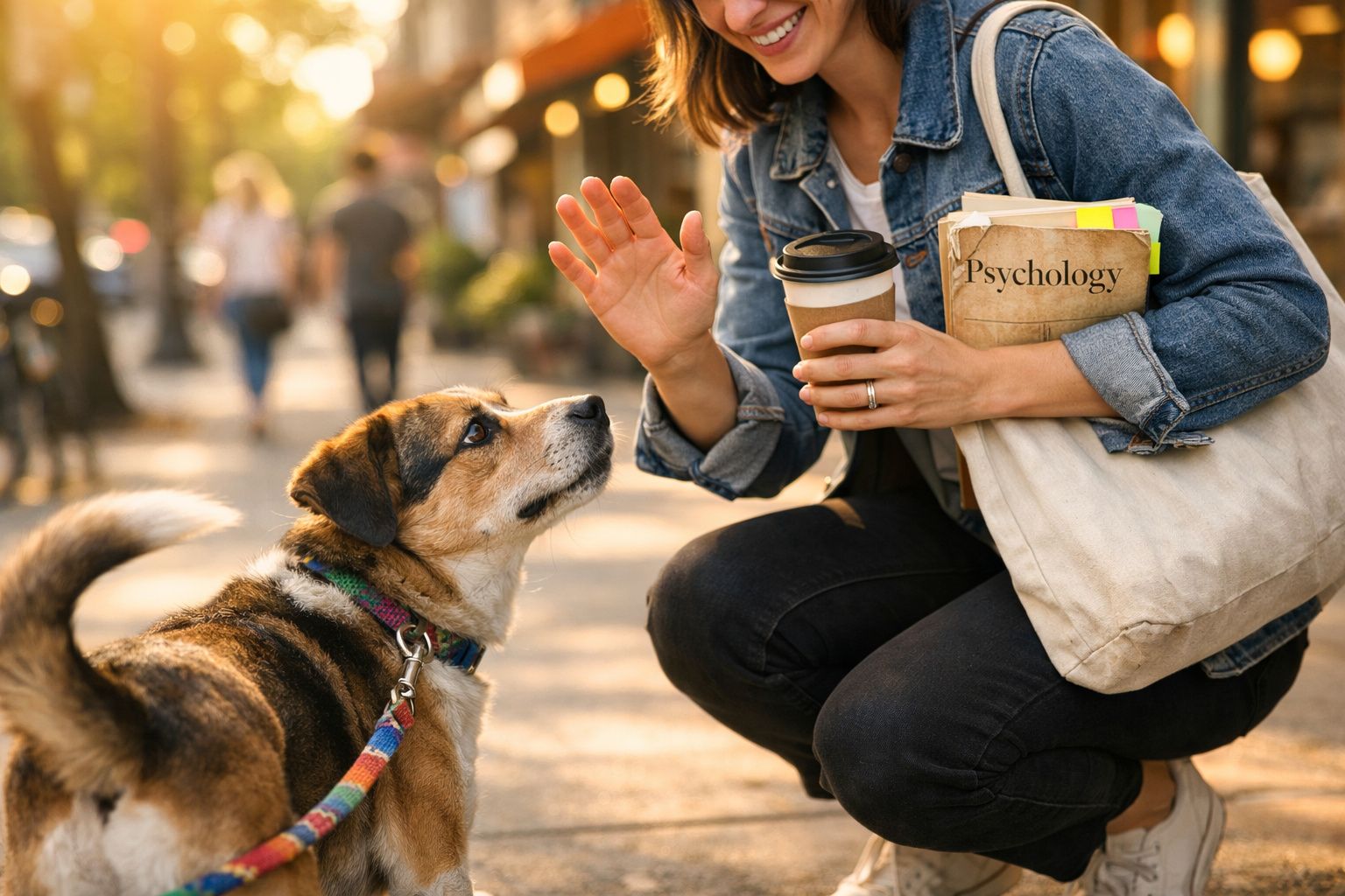 Mulher agachada a interagir com cão na rua, segurando café e livro de psicologia numa bolsa.