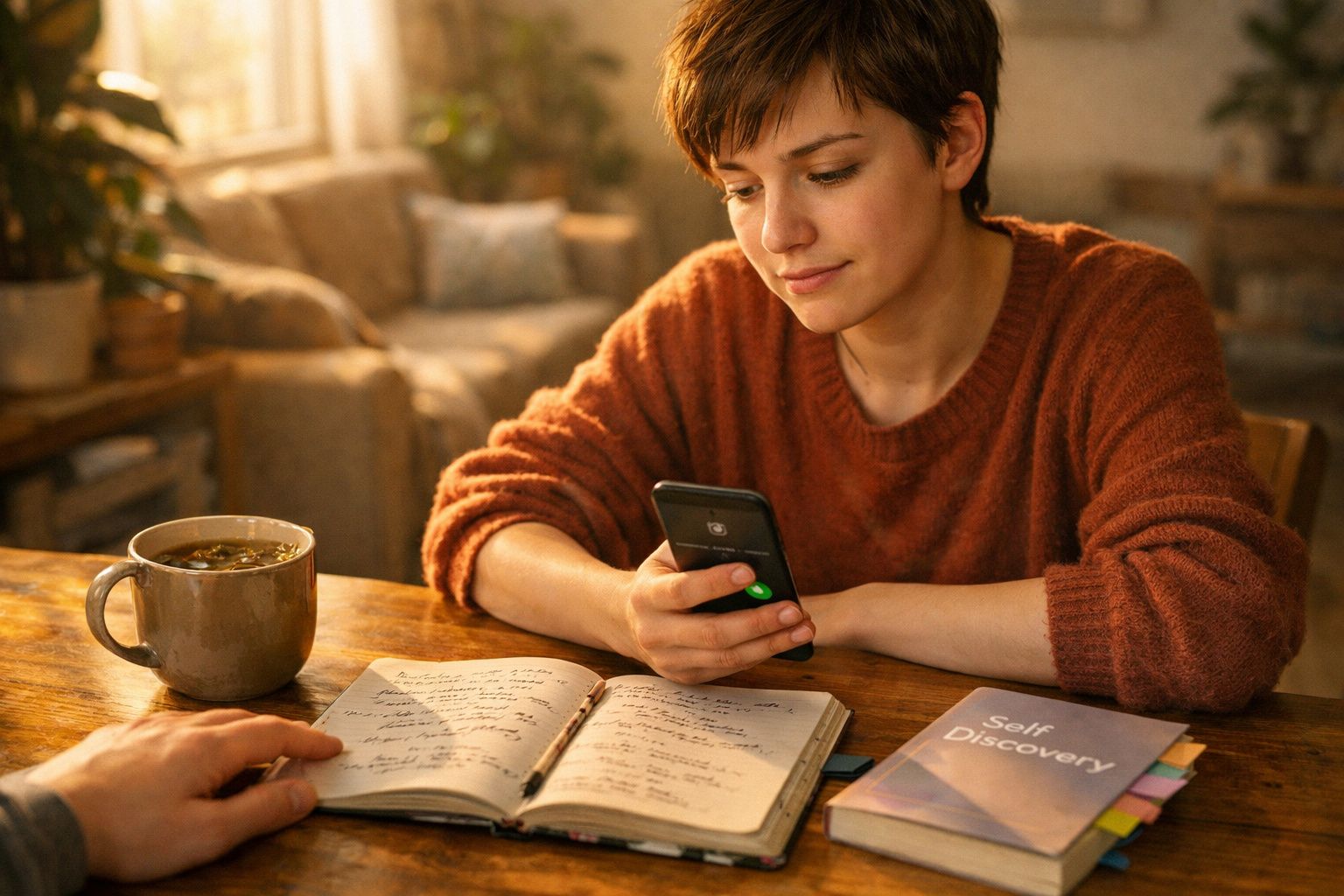 Mulher com camisola castanha a consultar telemóvel numa mesa com caderno aberto, livro e chá.