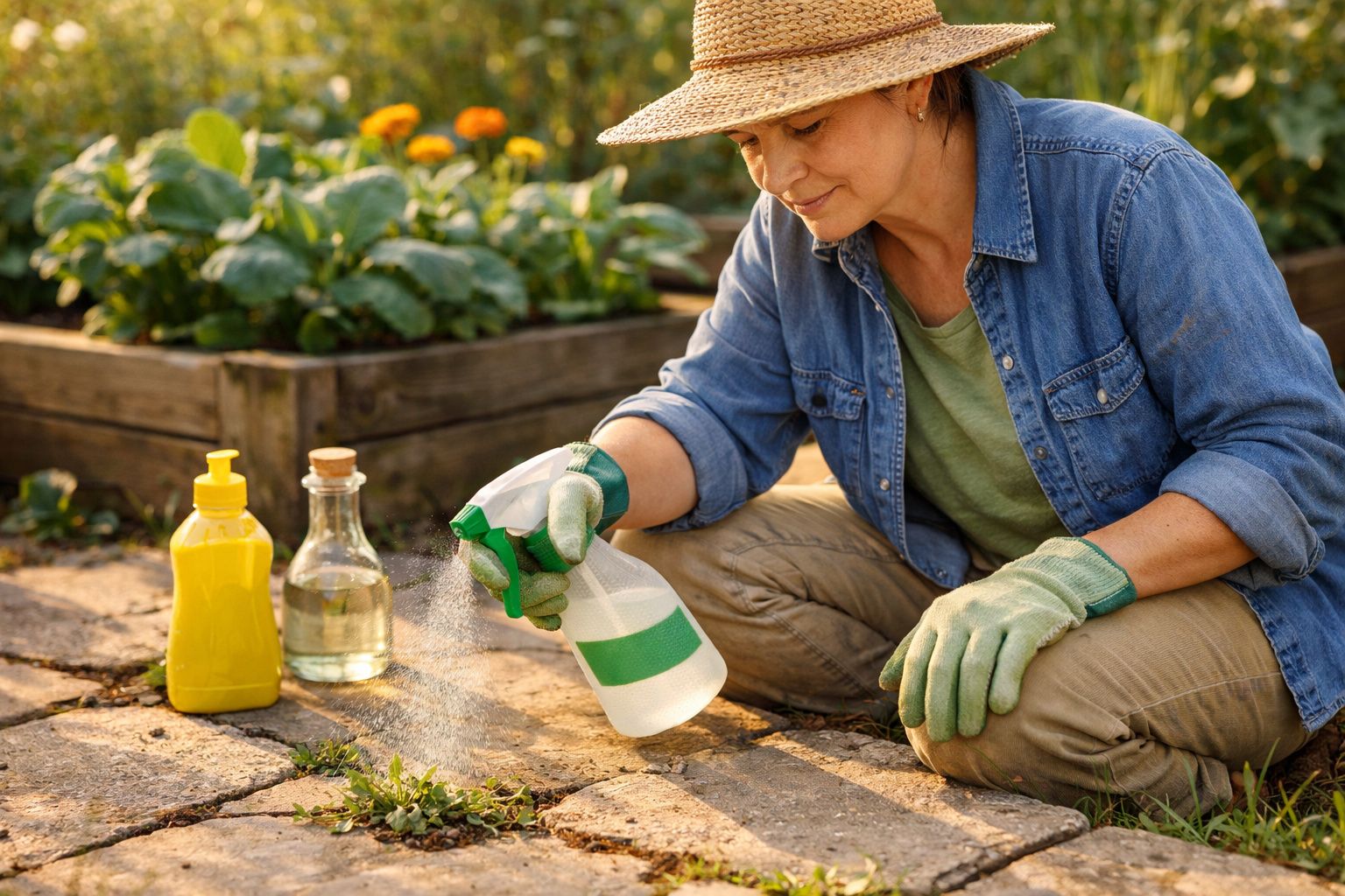 Mulher de chapéu a borrifar plantas num jardim com luvas de jardinagem e roupa casual.