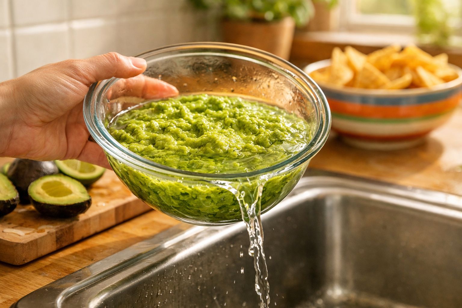 Mãos a escorrer guacamole num prato de vidro, com abacates cortados e chips de tortilha ao fundo.