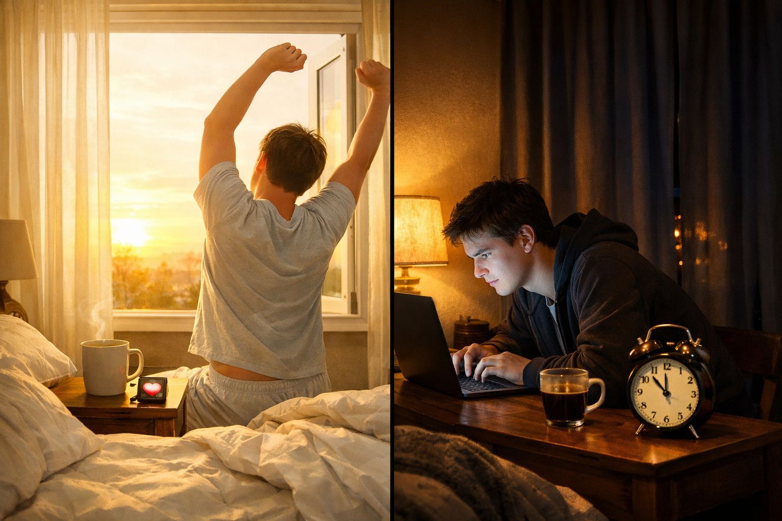 Imagem dividida de um homem a acordar ao nascer do sol e a trabalhar no portátil à noite com um relógio despertador.