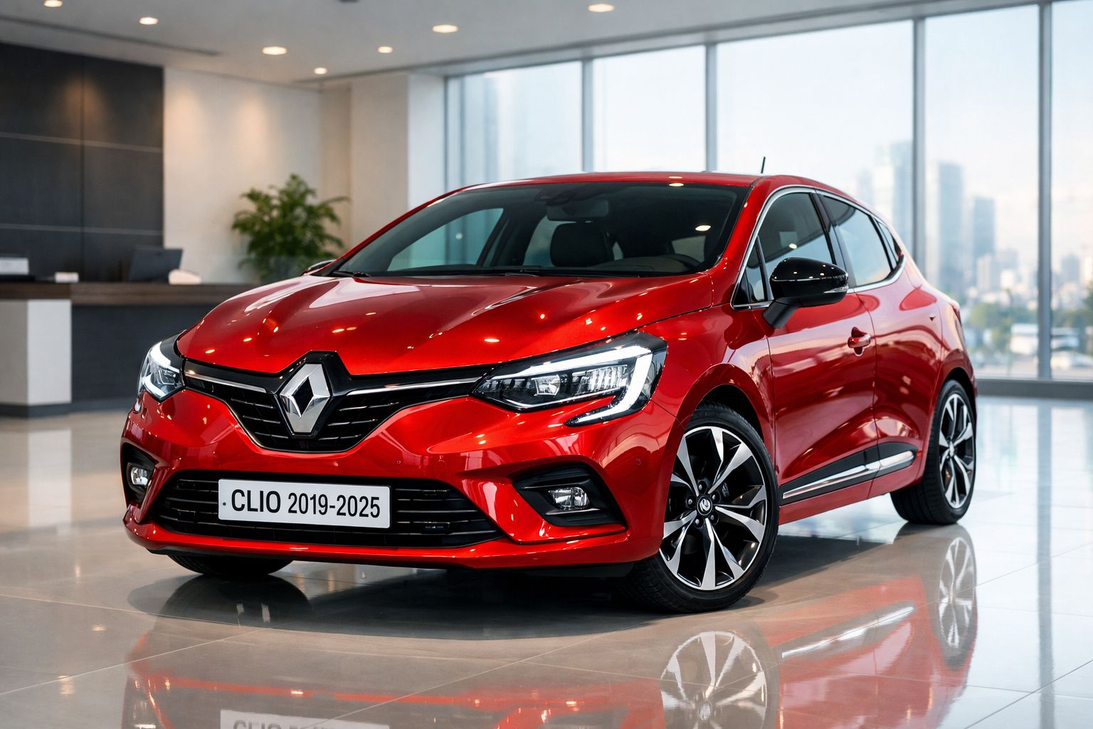Carro Renault Clio vermelho, modelo 2019-2025, exposto em ambiente interior moderno e iluminado.
