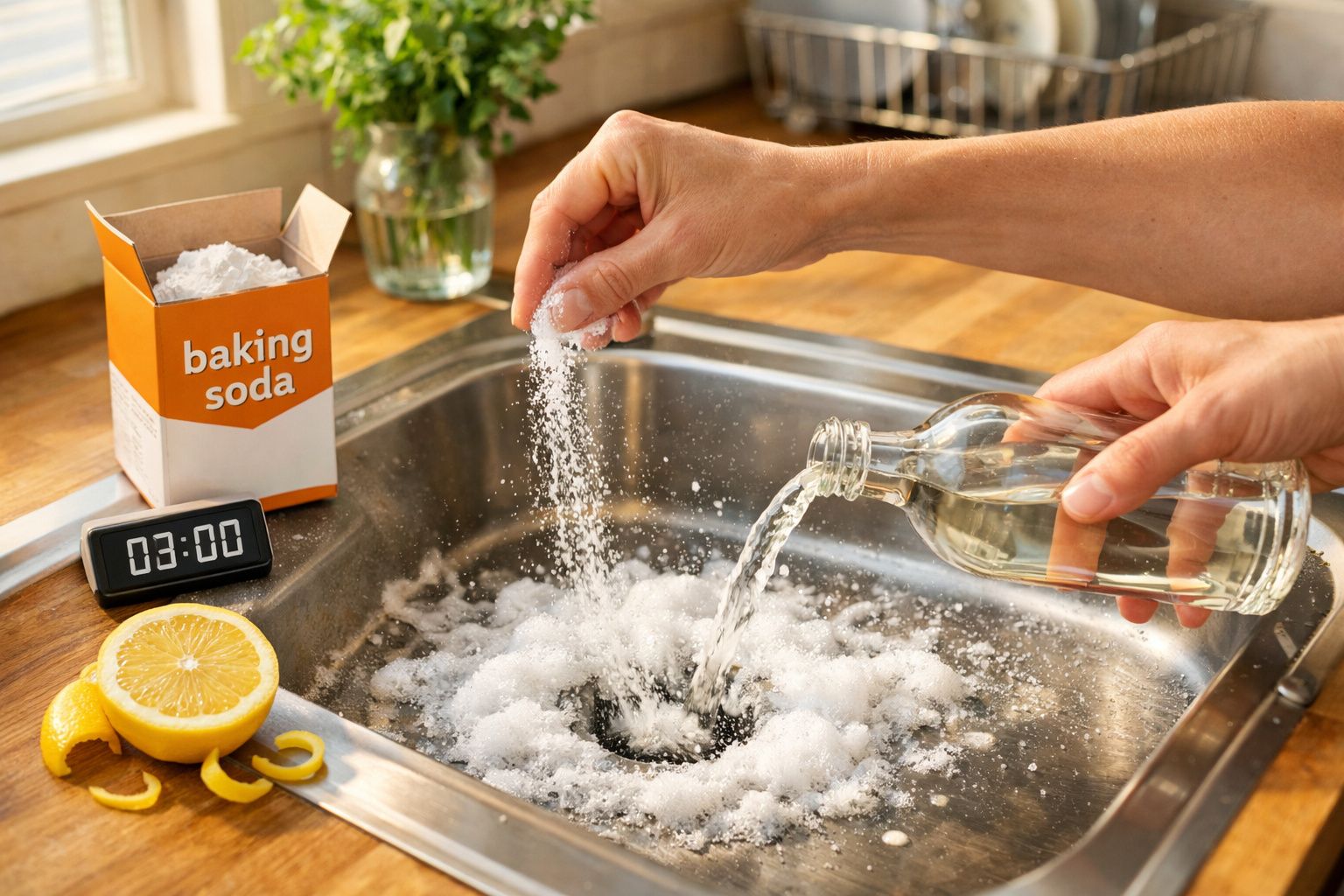 Mãos a deitar bicarbonato de sódio e vinagre numa pia de cozinha para limpeza, com limão ao lado.