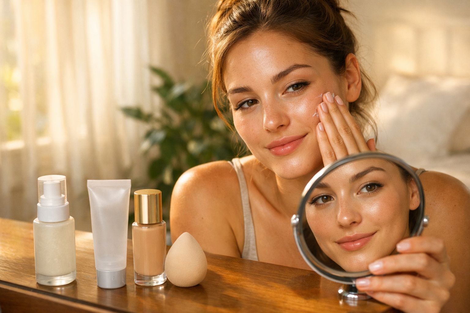 Mulher a cuidar da pele do rosto, sorrindo e a olhar para um espelho de mão com produtos de beleza à frente.