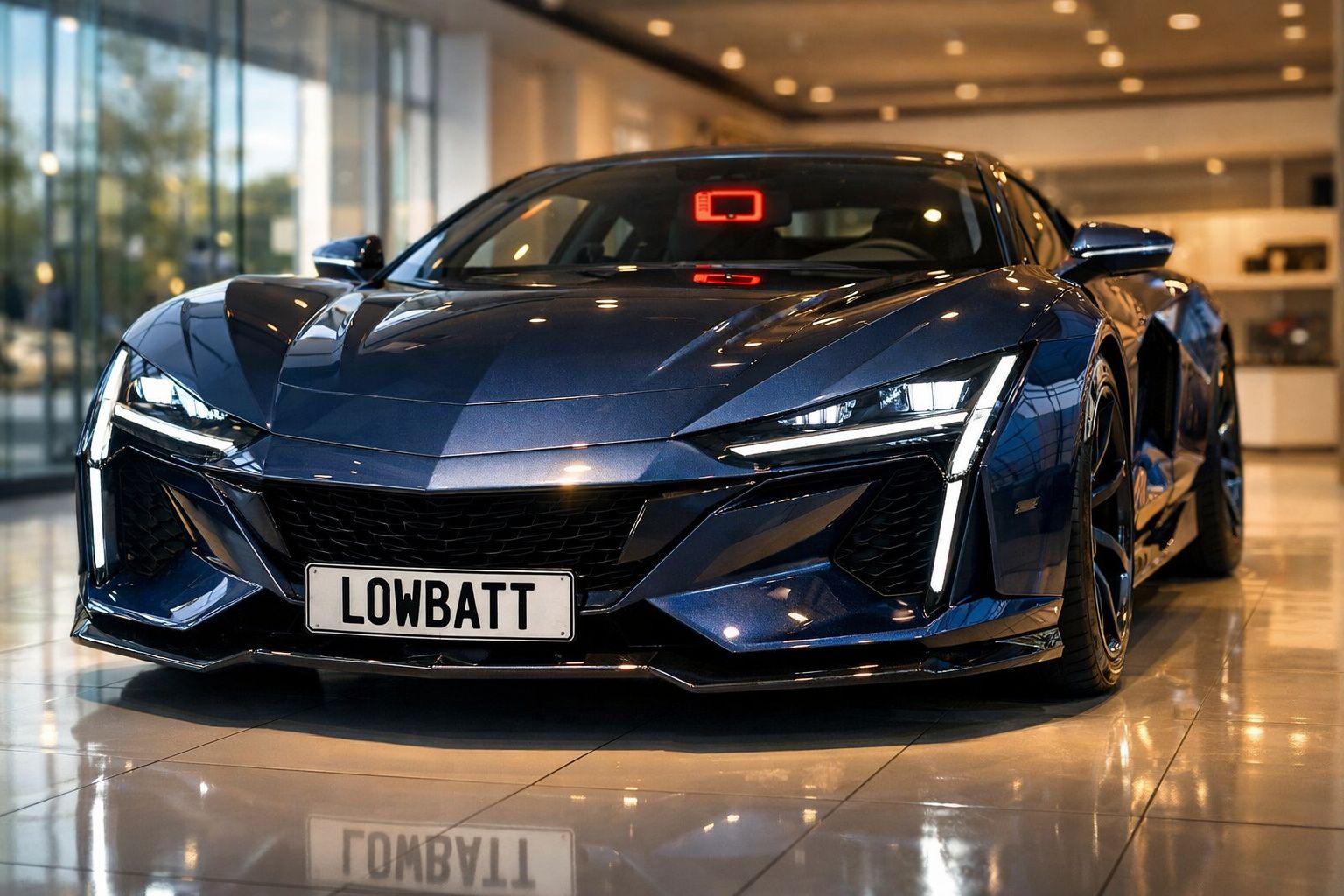 Carro desportivo elétrico azul escuro estacionado em interior, com matrícula personalizada "LOWBATT".