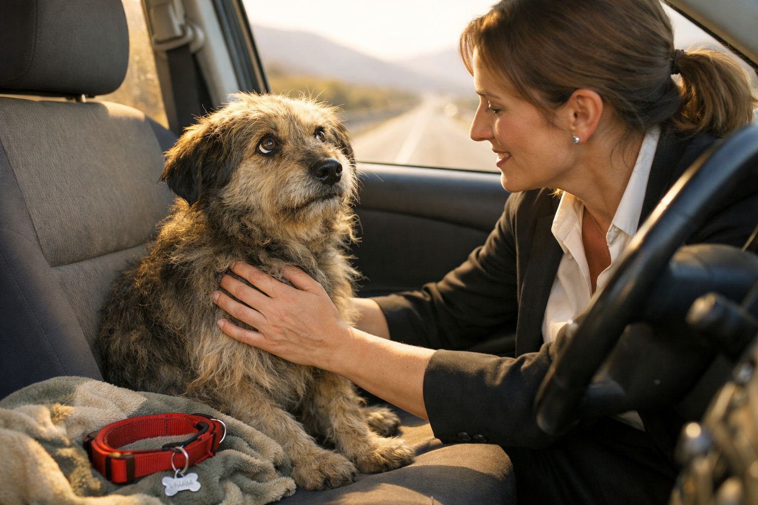 Mulher acariciando um cão peludo sentado no banco do passageiro de um carro.