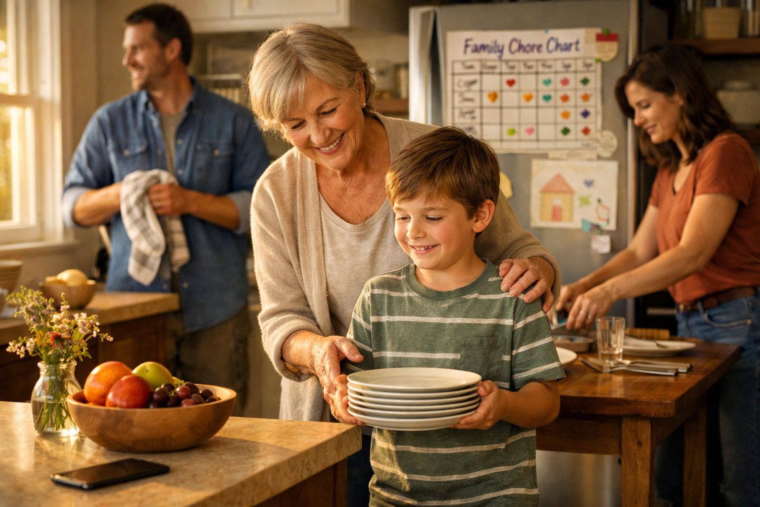 Avó e neto felizes a preparar a mesa enquanto pai e mãe arrumam a cozinha ao fundo.