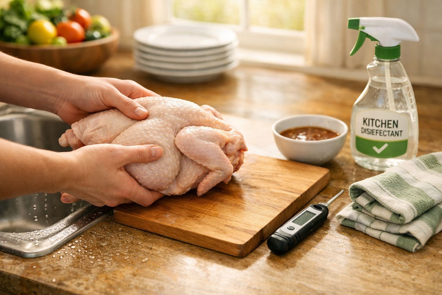 Pessoa a segurar frango cru sobre tábua de madeira, com termómetro, desinfetante e toalhas na bancada.