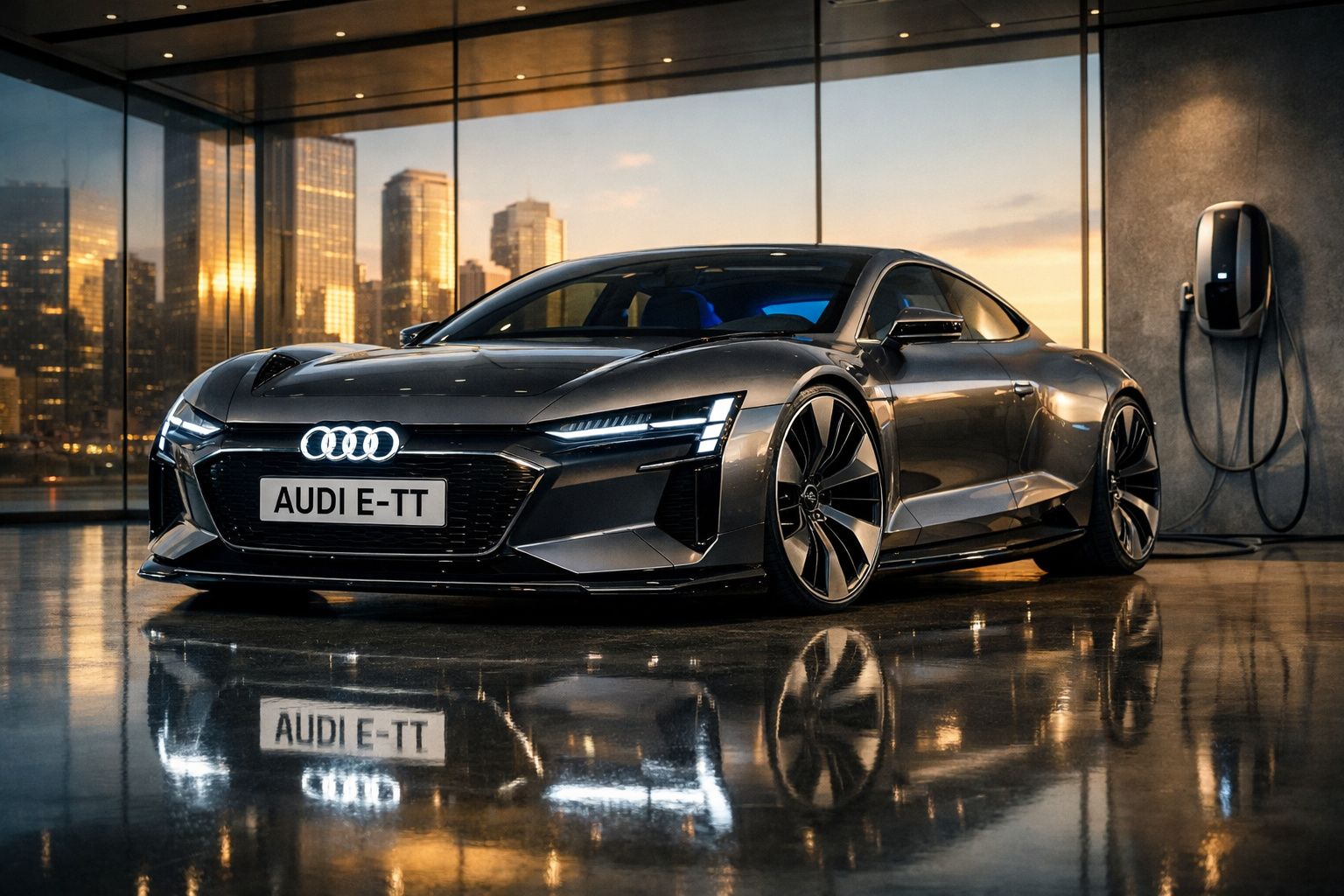 Carro elétrico Audi E-TT cinzento estacionado numa garagem moderna com recarga elétrica e cidade ao fundo ao pôr do sol.