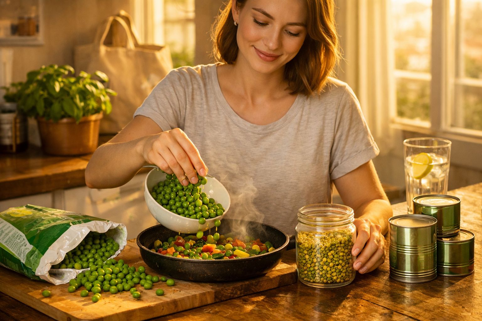 Mulher a cozinhar legumes numa frigideira, adicionando ervilhas verdes, em cozinha iluminada a lume brando.