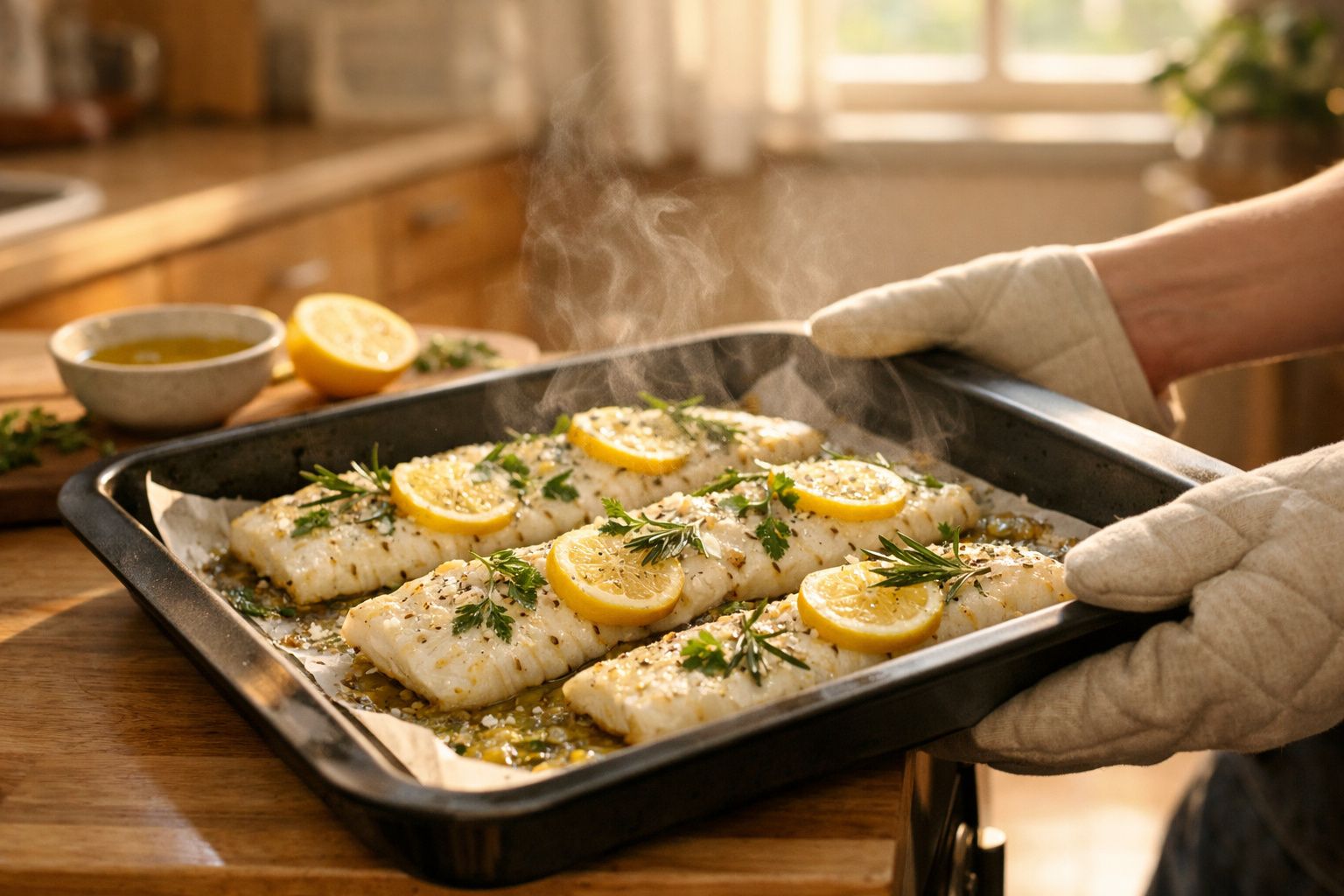 Pessoas seguram tabuleiro com filetes de peixe assado, decorados com limão, ervas e a fumegar numa cozinha.