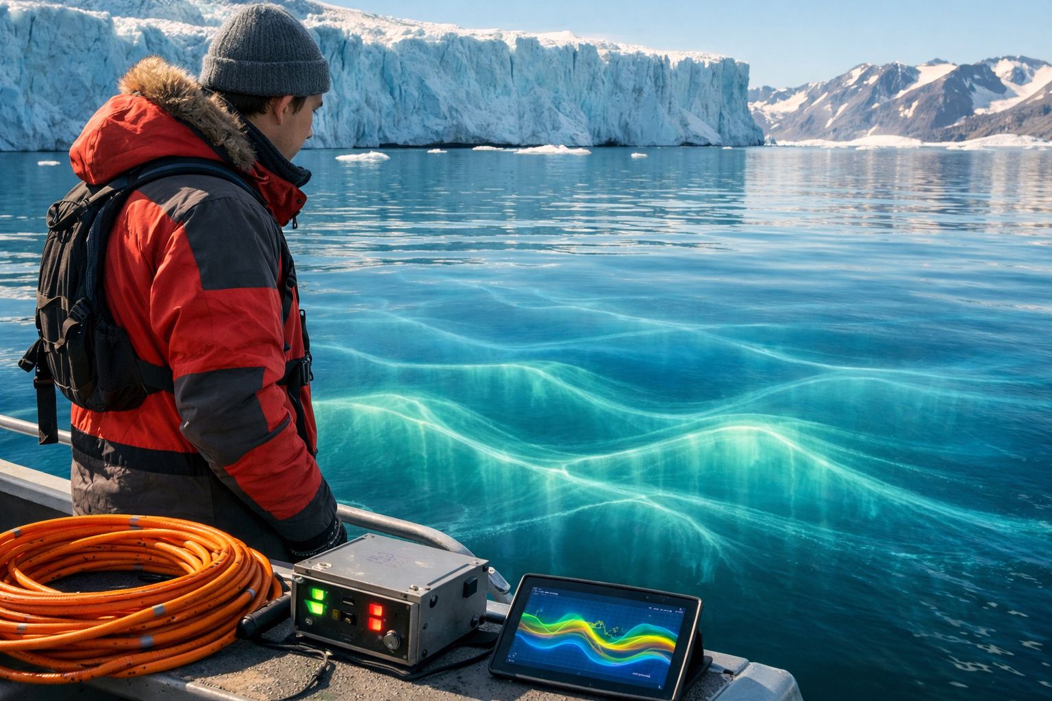 Homem com casaco vermelho observa águas cristalinas e glaciares ao fundo durante expedição marítima.
