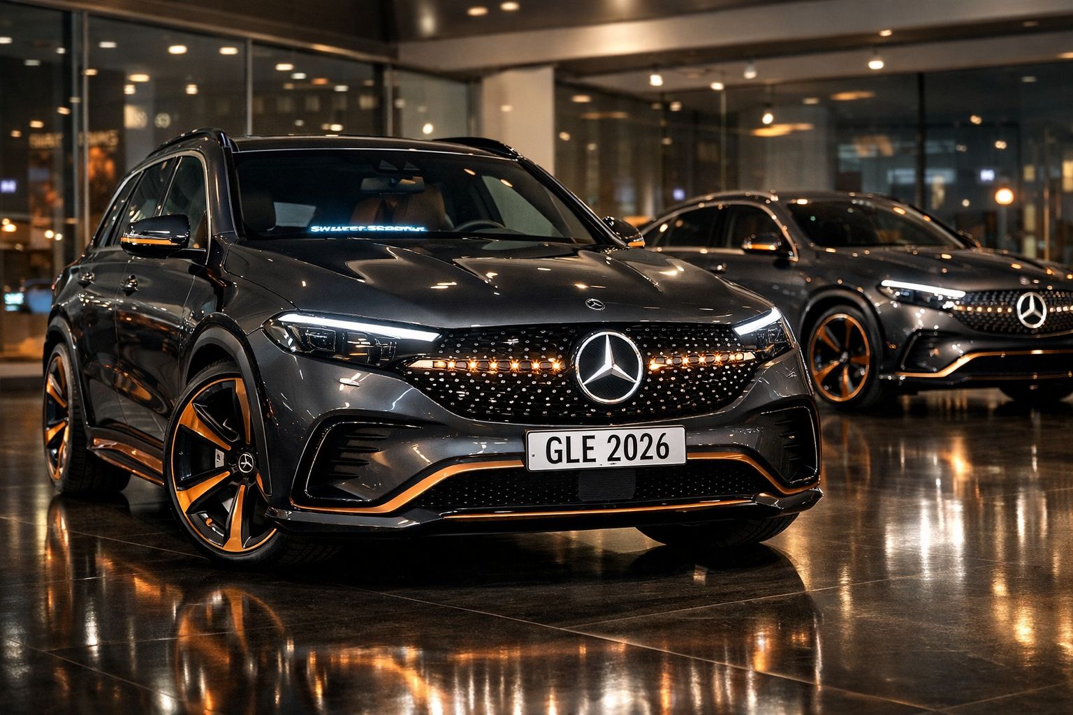 Dois carros Mercedes-Benz eléctricos cinzentos expostos num salão moderno com iluminação refletida no chão.