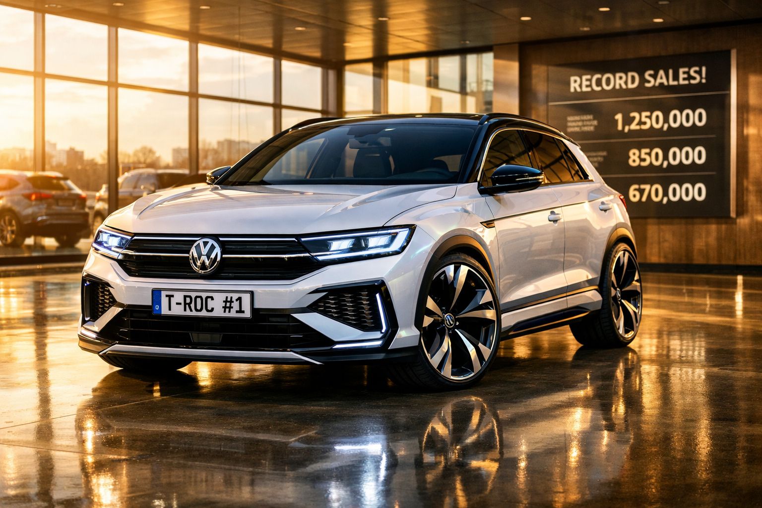 Carro Volkswagen T-Roc prata estacionado no interior de uma concessionária moderna com luz dourada.