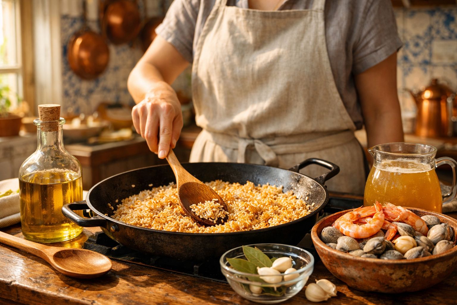 Pessoa a cozinhar arroz numa frigideira grande, com marisco, azeite e caldo ao redor na cozinha.