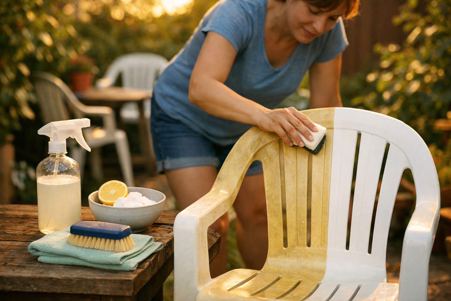 Pessoa a limpar cadeira de plástico amarela e branca com esponja num espaço exterior ensolarado.