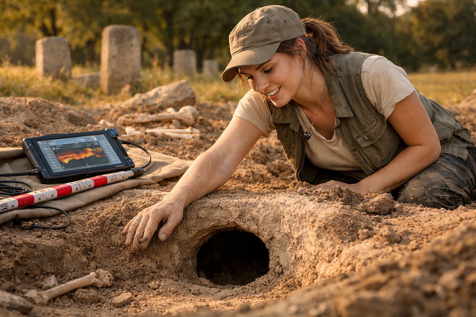 Jovem arqueóloga a examinar uma caverna escavada no solo, com equipamentos de escavação e análise ao lado.