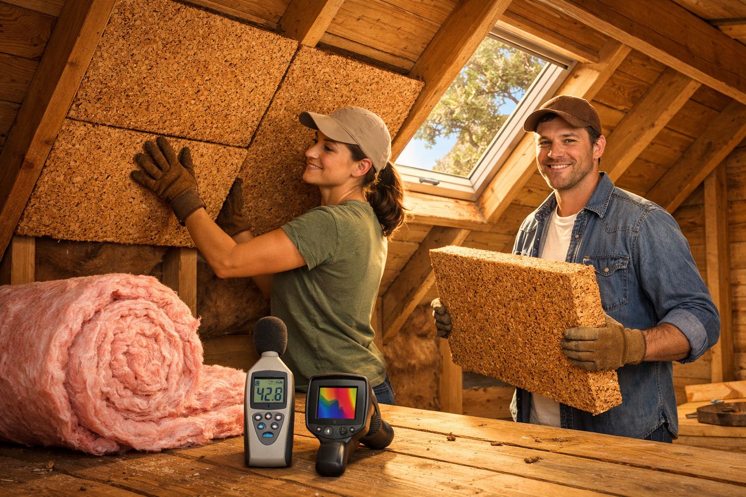 Casal a instalar isolamento térmico com painéis de cortiça no sótão de uma casa de madeira.