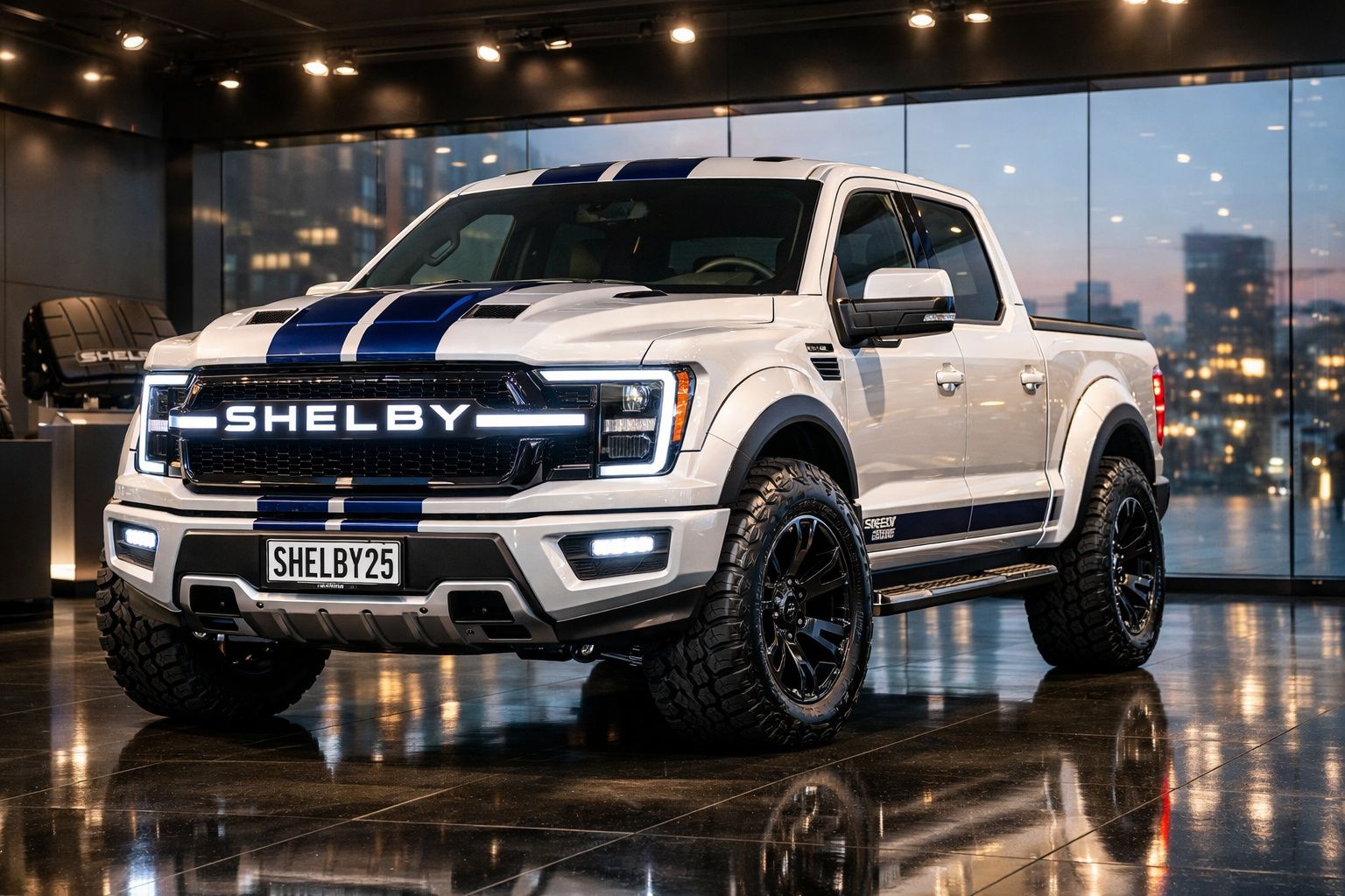 Pickup Shelby branca com riscas azuis, pneus robustos e iluminação LED, exposta em interior moderno.