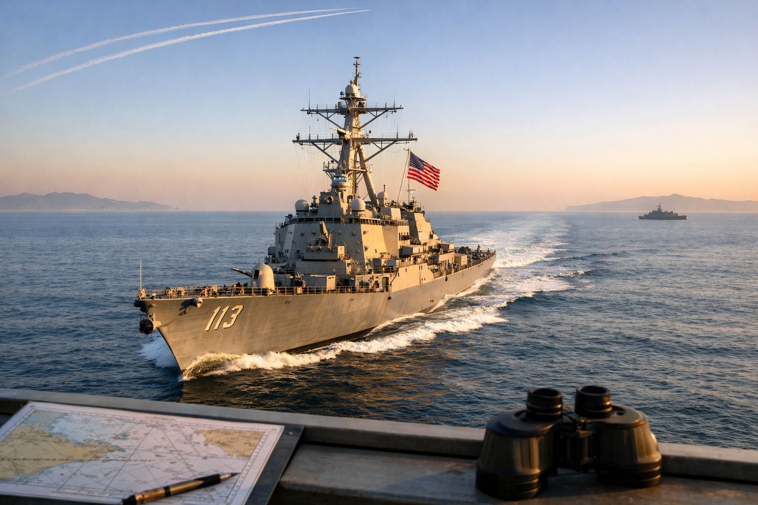 Navio de guerra americano número 113 navega em mar calmo ao pôr do sol com outro navio ao fundo.