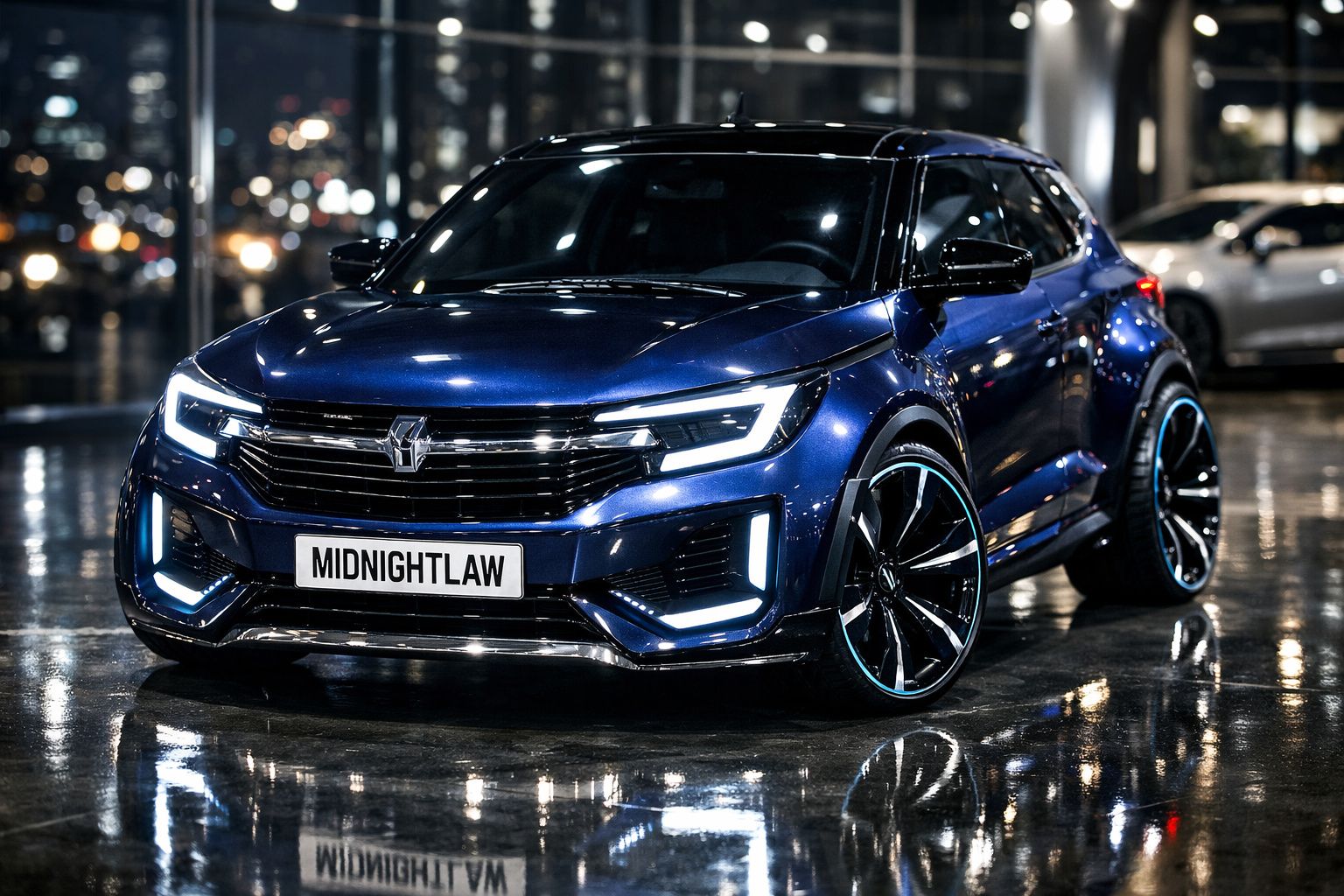 Carro desportivo azul metálico com faróis LED acesos em piso molhado numa cidade à noite.