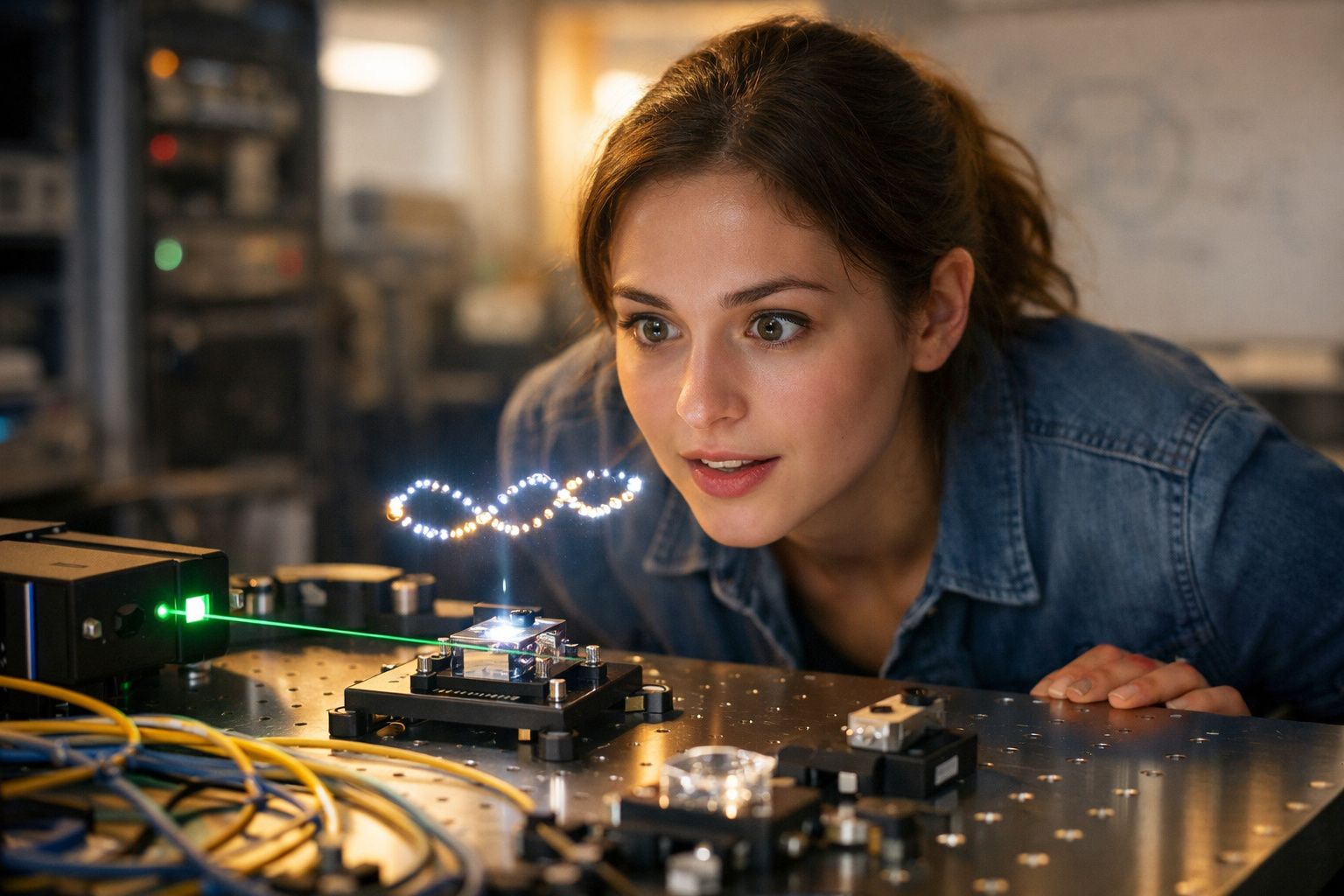 Mulher a observar fascinado um dispositivo tecnológico com luzes e fios num laboratório.