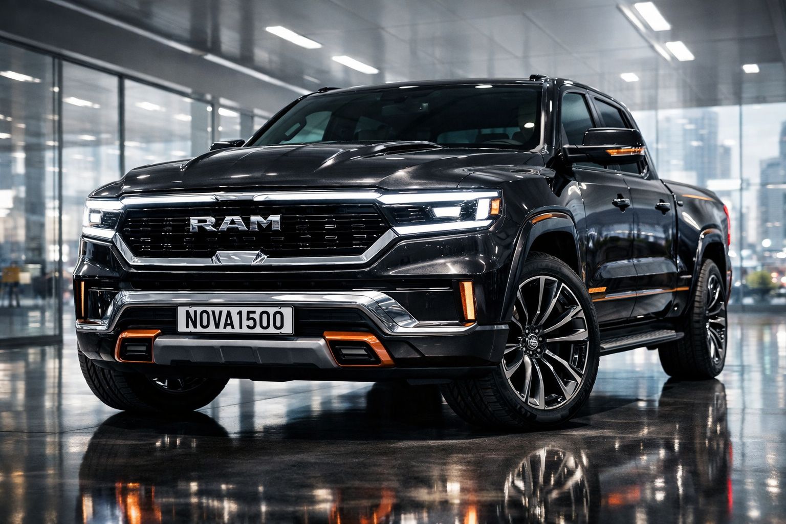 Picape preta RAM Nova 1500 estacionada numa garagem com iluminação moderna e reflexos no chão.