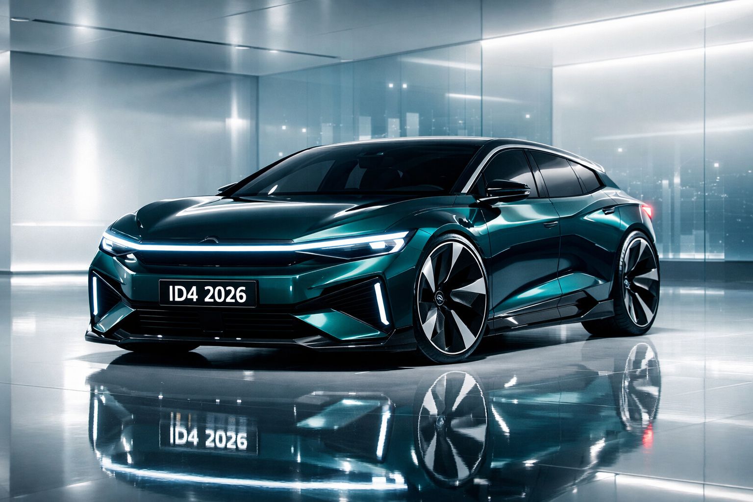 Carro elétrico desportivo azul-metalizado moderno estacionado em espaço interior minimalista e iluminado.