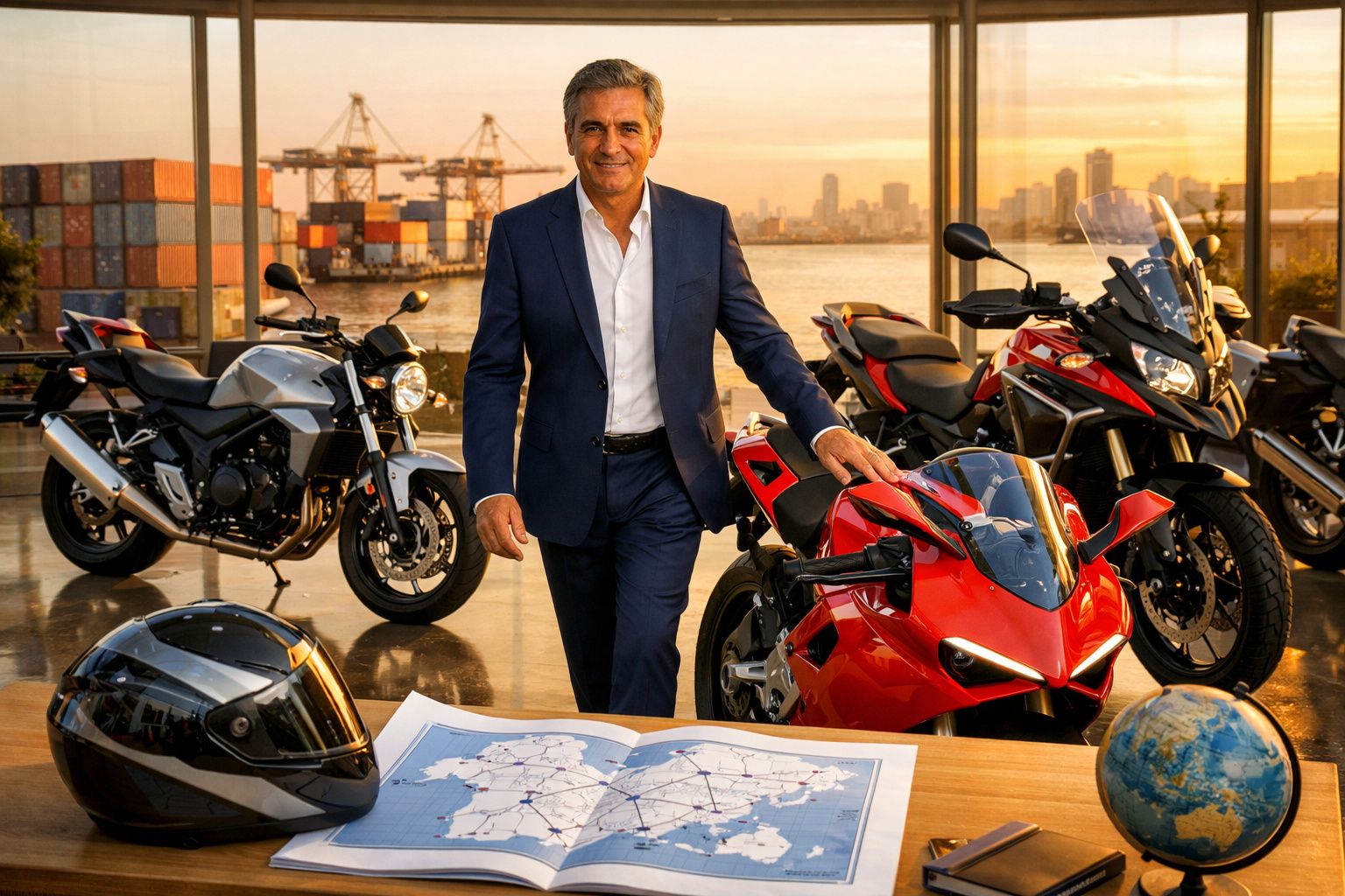 Homem de fato azul ao pé de motos, com mapa, capacete e globo numa sala com vista para porto e cidade ao pôr do sol.