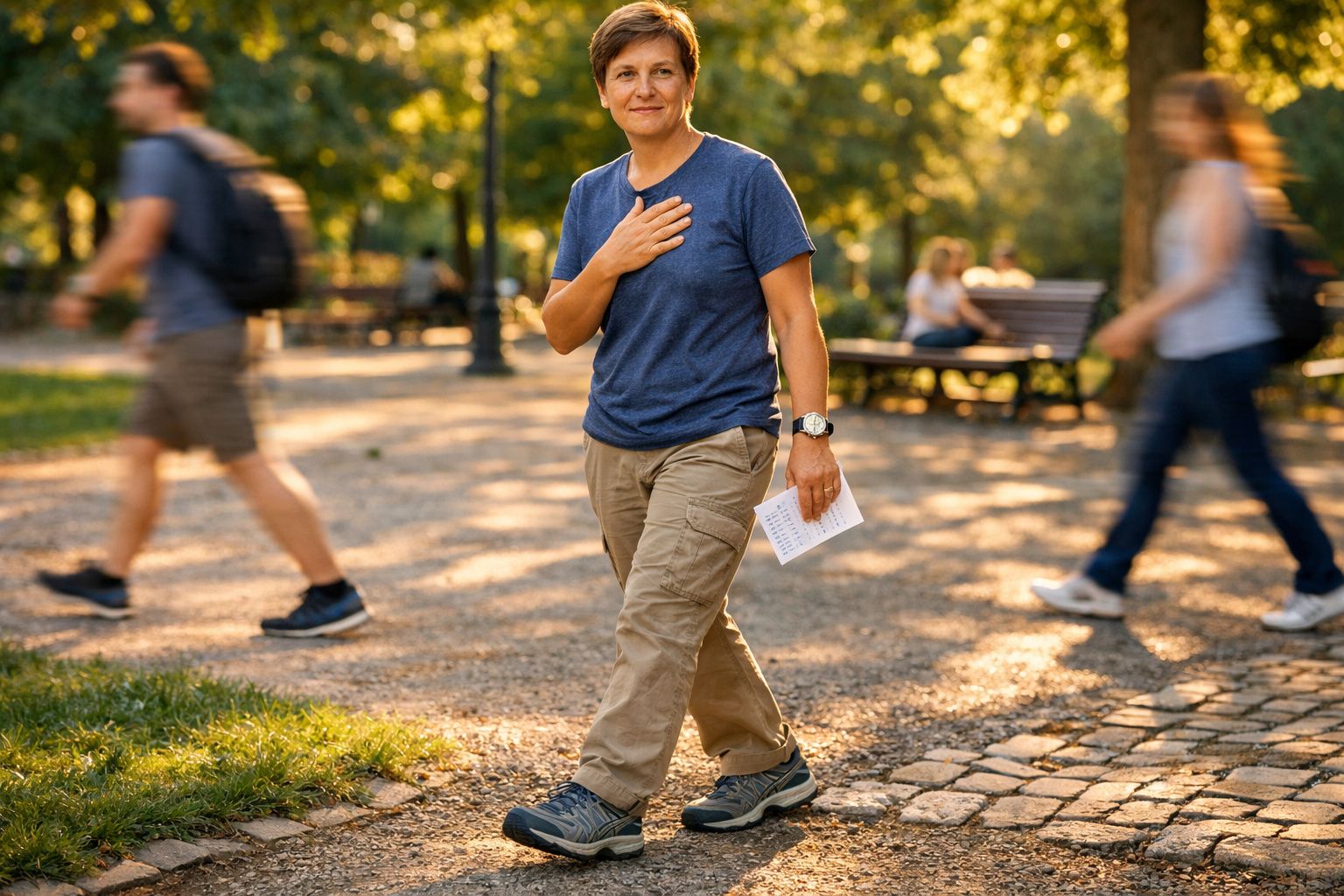 Pessoa com ar sereno a caminhar num parque ao entardecer, rodeada por outras pessoas em movimento.