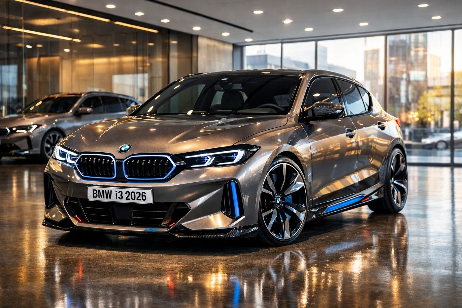 Carro BMW i3 2026 prateado com luzes LED, estacionado num piso interior brilhante e moderno.