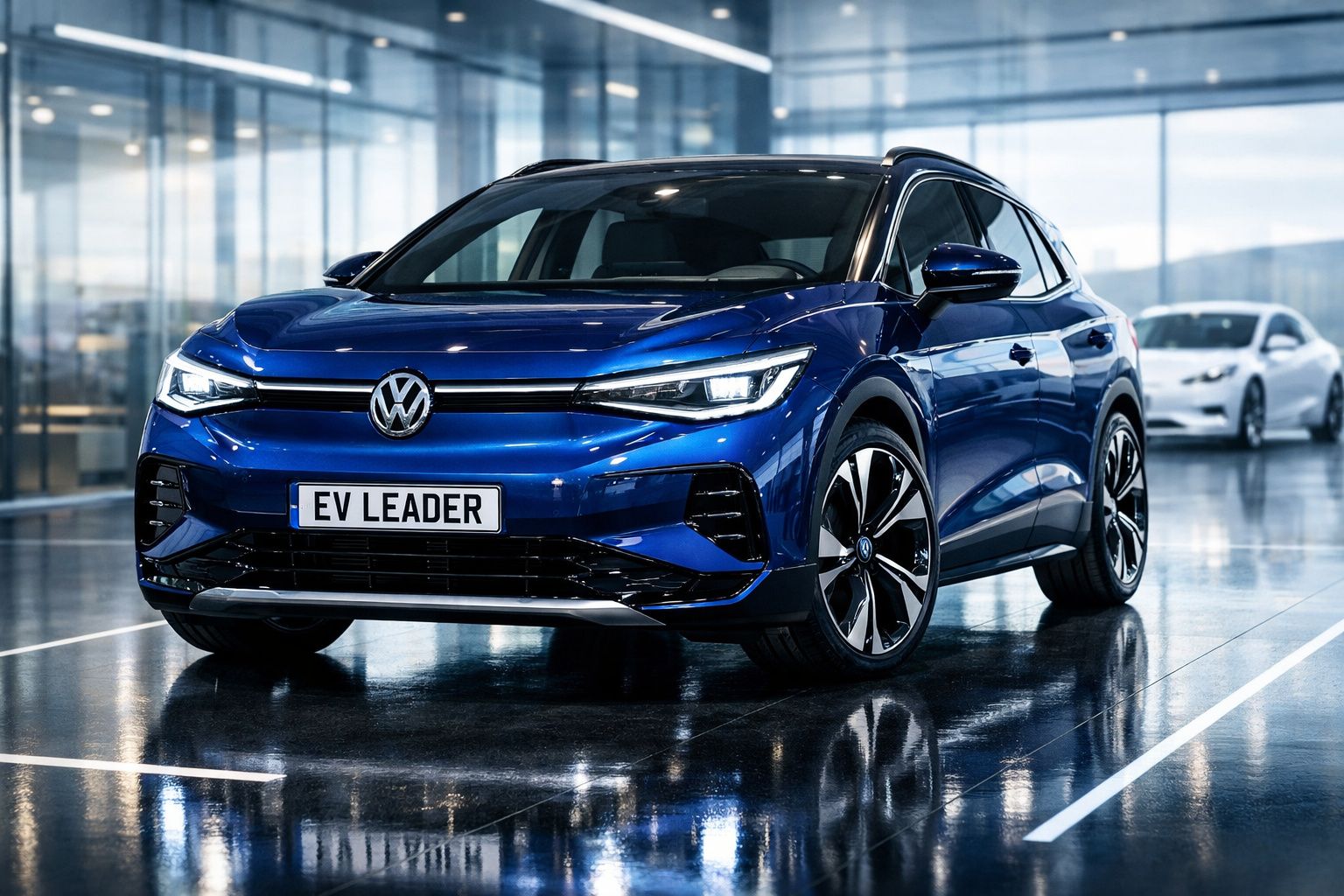 Automóvel elétrico Volkswagen azul estacionado em piso reluzente numa garagem moderna.