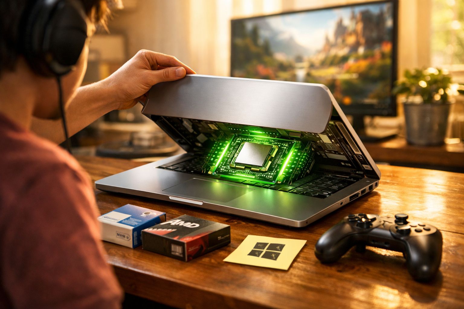 Pessoa a olhar para um portátil com um microchip iluminado verde visível ao abrir o ecrã numa mesa de madeira.