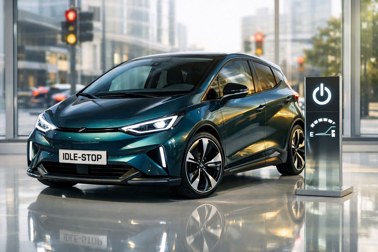 Carro elétrico verde escuro estacionado num salão, ao lado de painel com símbolo de energia e medidor.