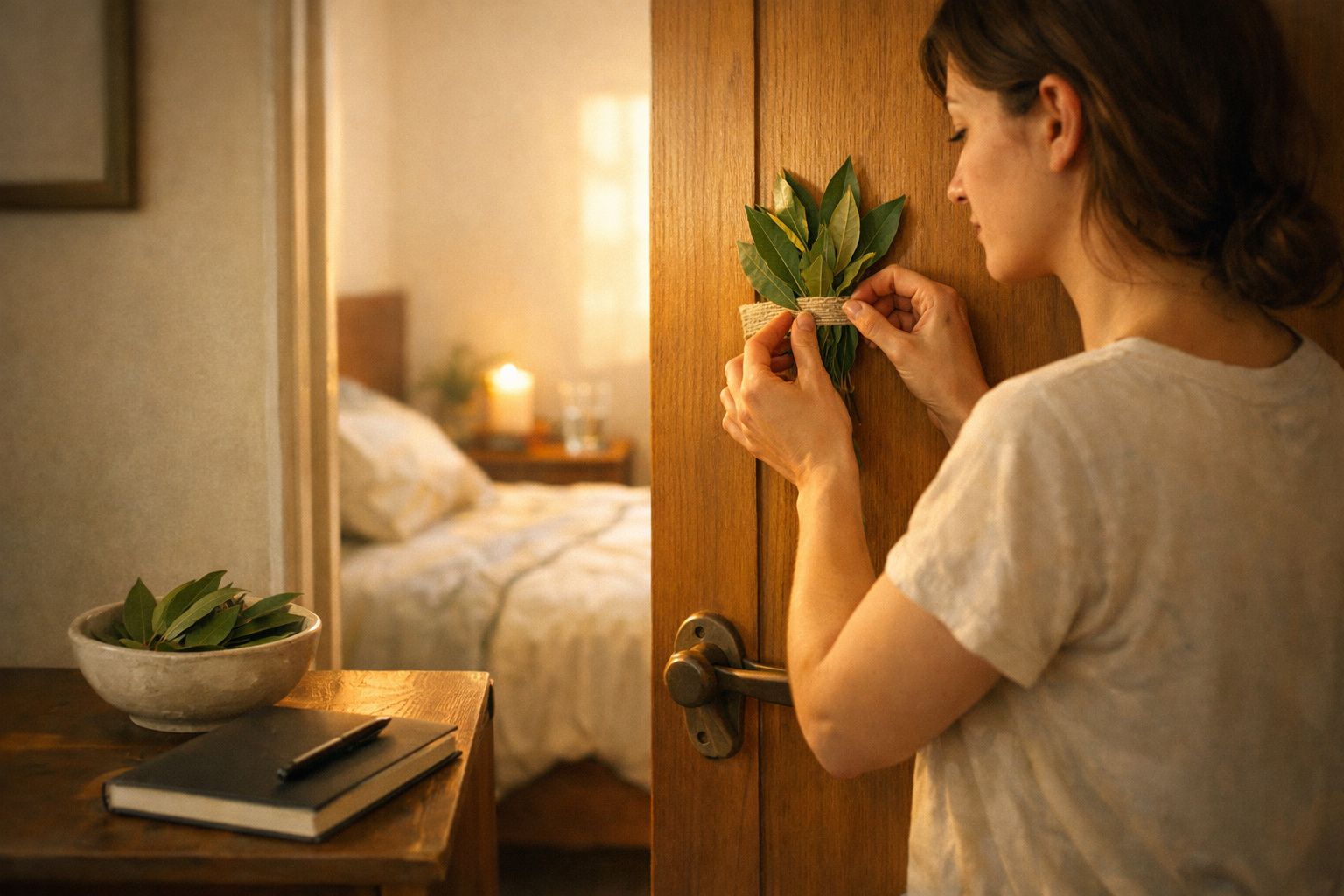 Mulher a decorar porta de madeira com folhas verdes num quarto acolhedor e iluminado por vela.