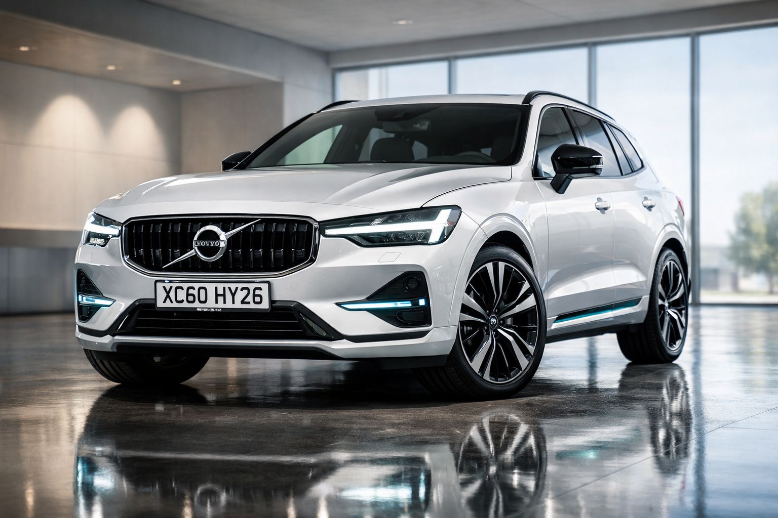 Carro Volvo XC60 branco estacionado em interior moderno com chão brilhante e janelas amplas.