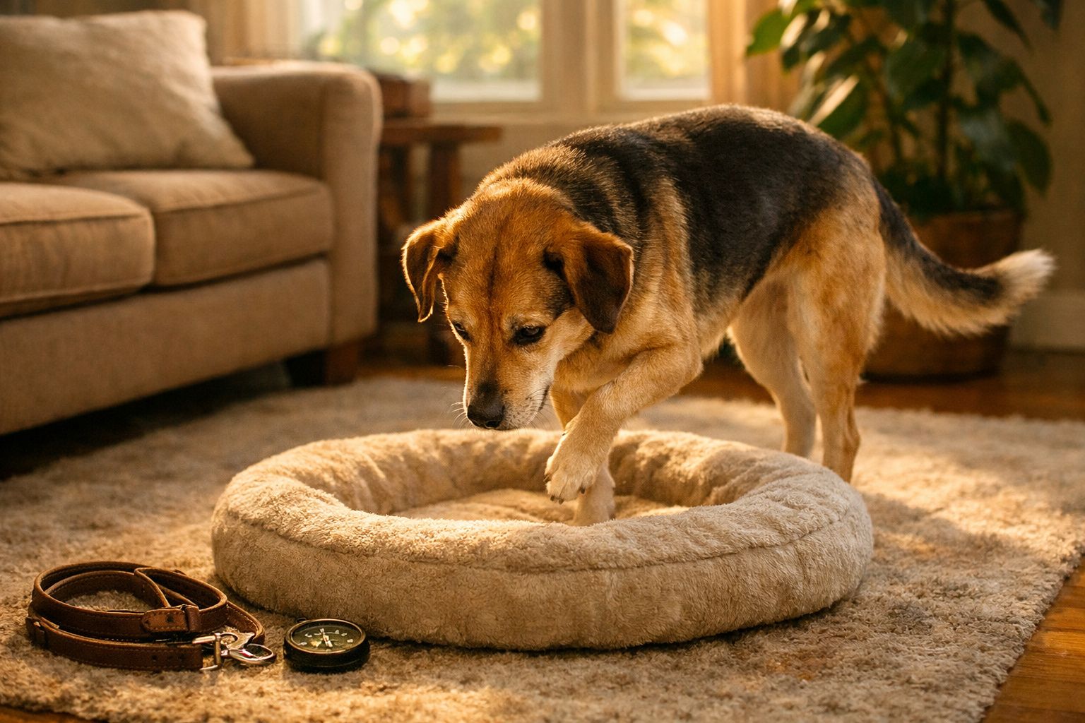 Cão castanho e preto a inspeccionar uma cama redonda macia numa sala de estar iluminada.