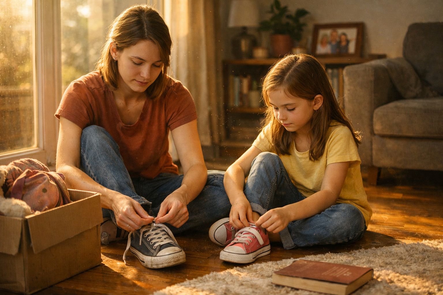 Mulher e menina sentadas no chão amarrando os atacadores dos ténis num ambiente acolhedor.