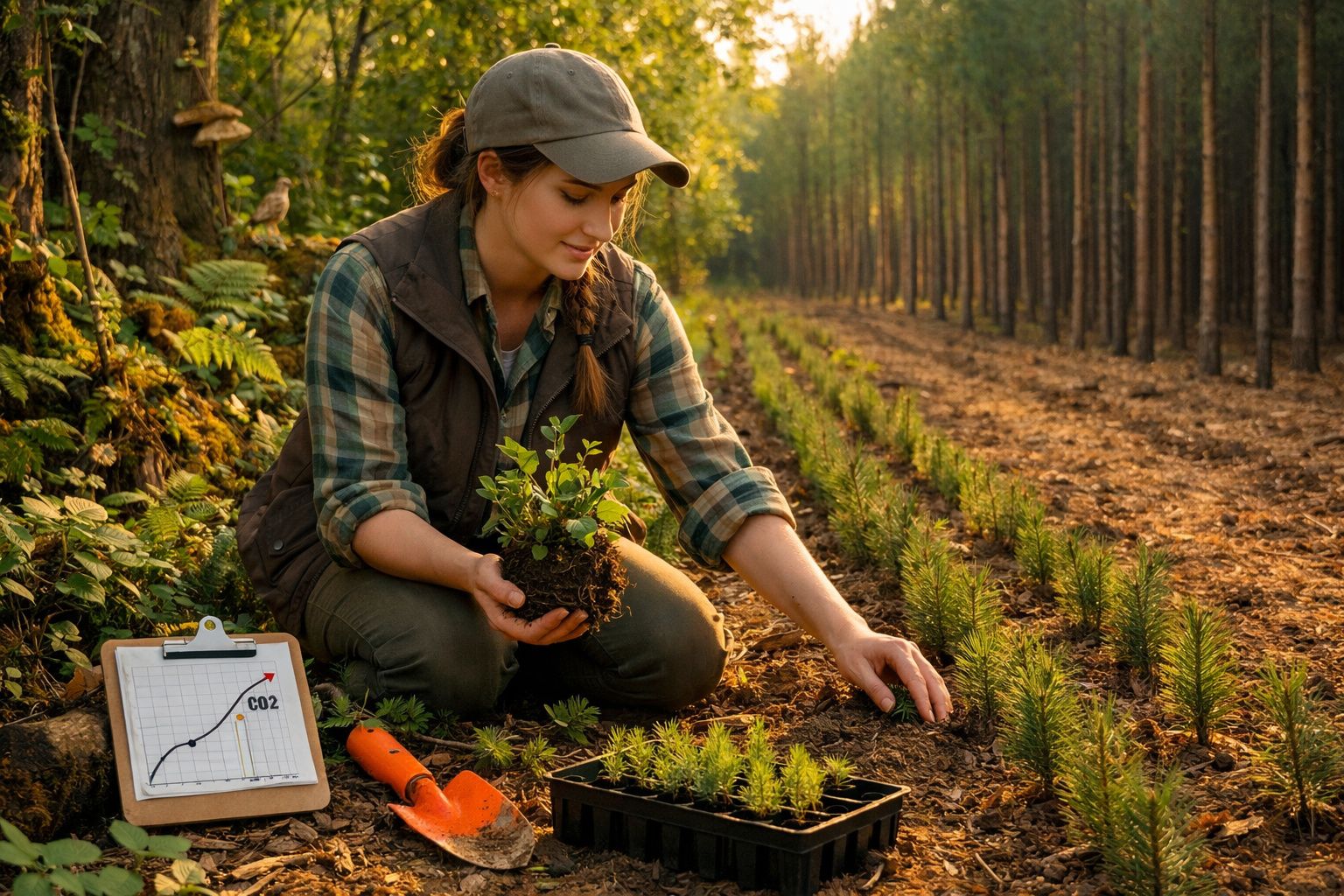 Mulher a plantar árvores jovens numa floresta, com gráfico de CO2 num prancheta ao lado.