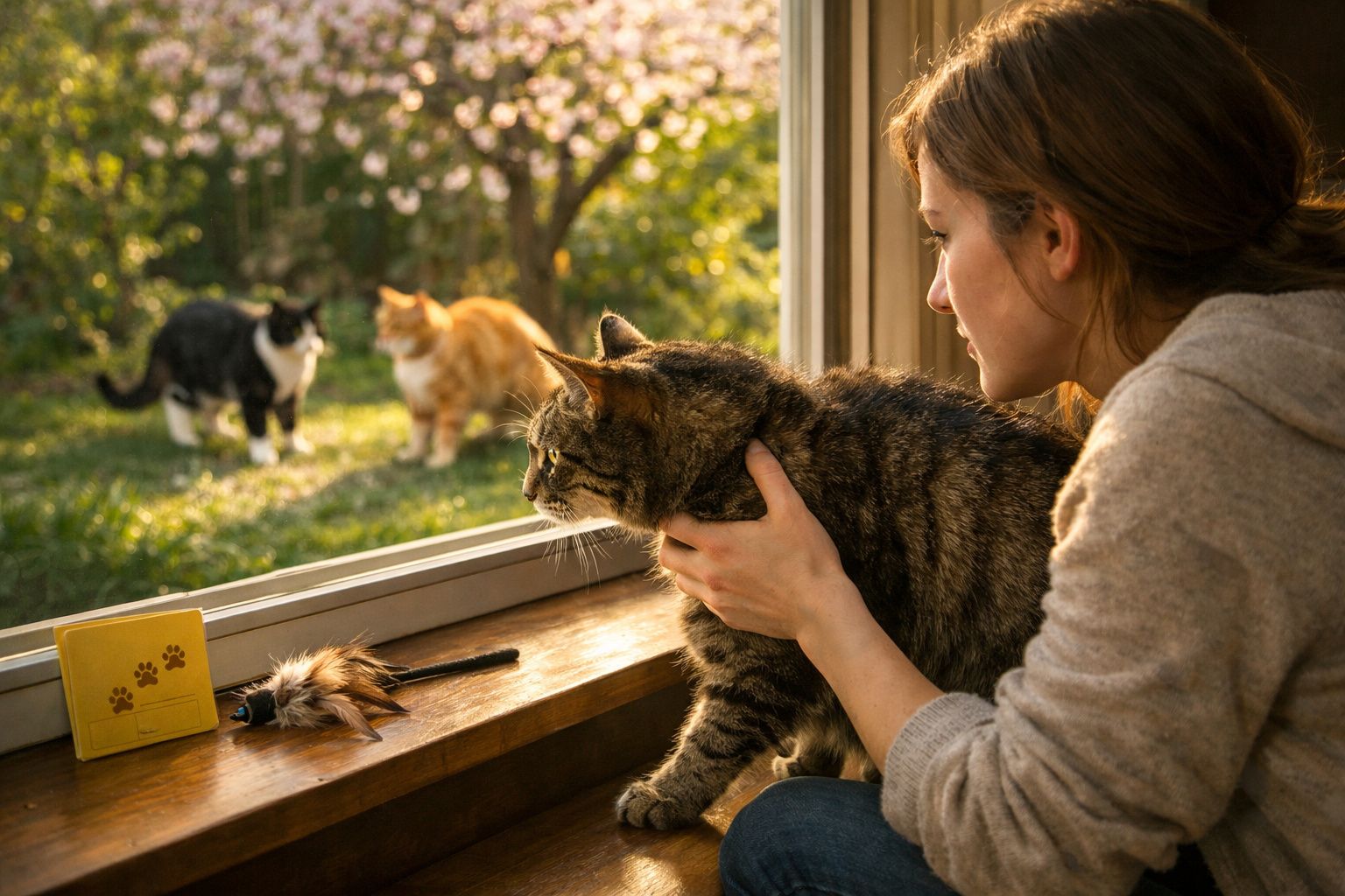 Mulher acaricia gato junto à janela enquanto observa dois gatos no jardim iluminado pelo sol.
